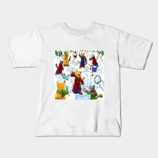 Cute Christmas Snowball Fight Cats Kids T-Shirt